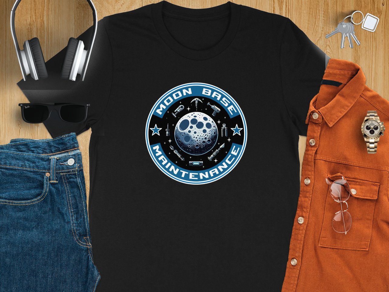 Space-Themed T-Shirt, Moon Base Maintenance Graphic Tee, Cosmic Shirt, Sci-Fi Clothing, Astronaut Gift, Lunar Apparel