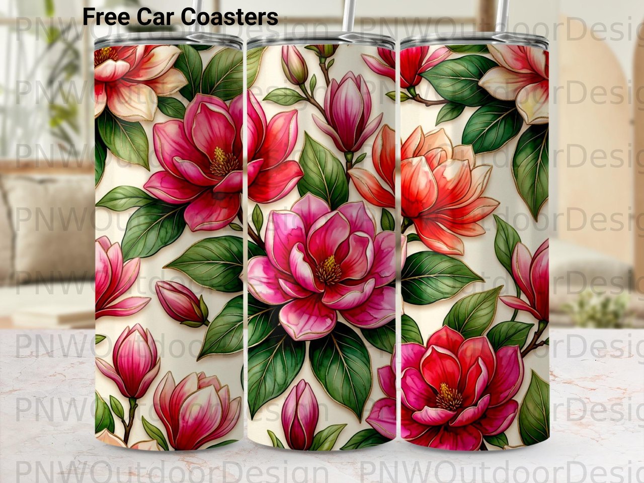 Magnolia Tumbler Wrap Sublimation PNG | Seamless Tapered 20oz Floral Digital Design with Faux Gold & Free Car Coasters