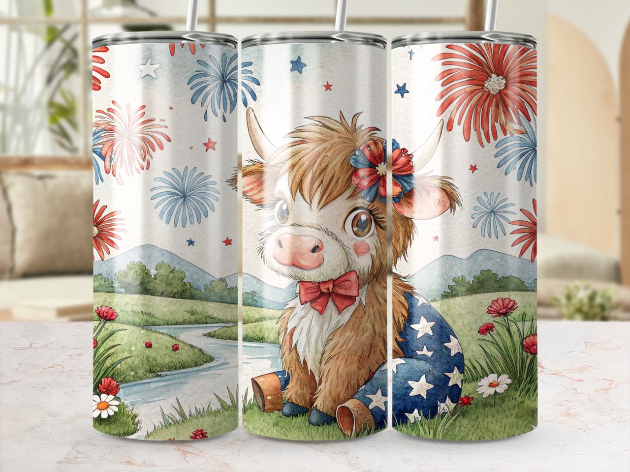 Patriotic Highland Cow 20oz Seamless Tumbler Wrap, 4th of July Cow Tumbler Design, Cute Animal Sublimation, USA Flag Tumbler Wrap