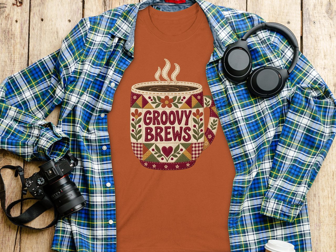 Groovy Brews Coffee Tee or Sweatshirt, Faux Patchwork Design