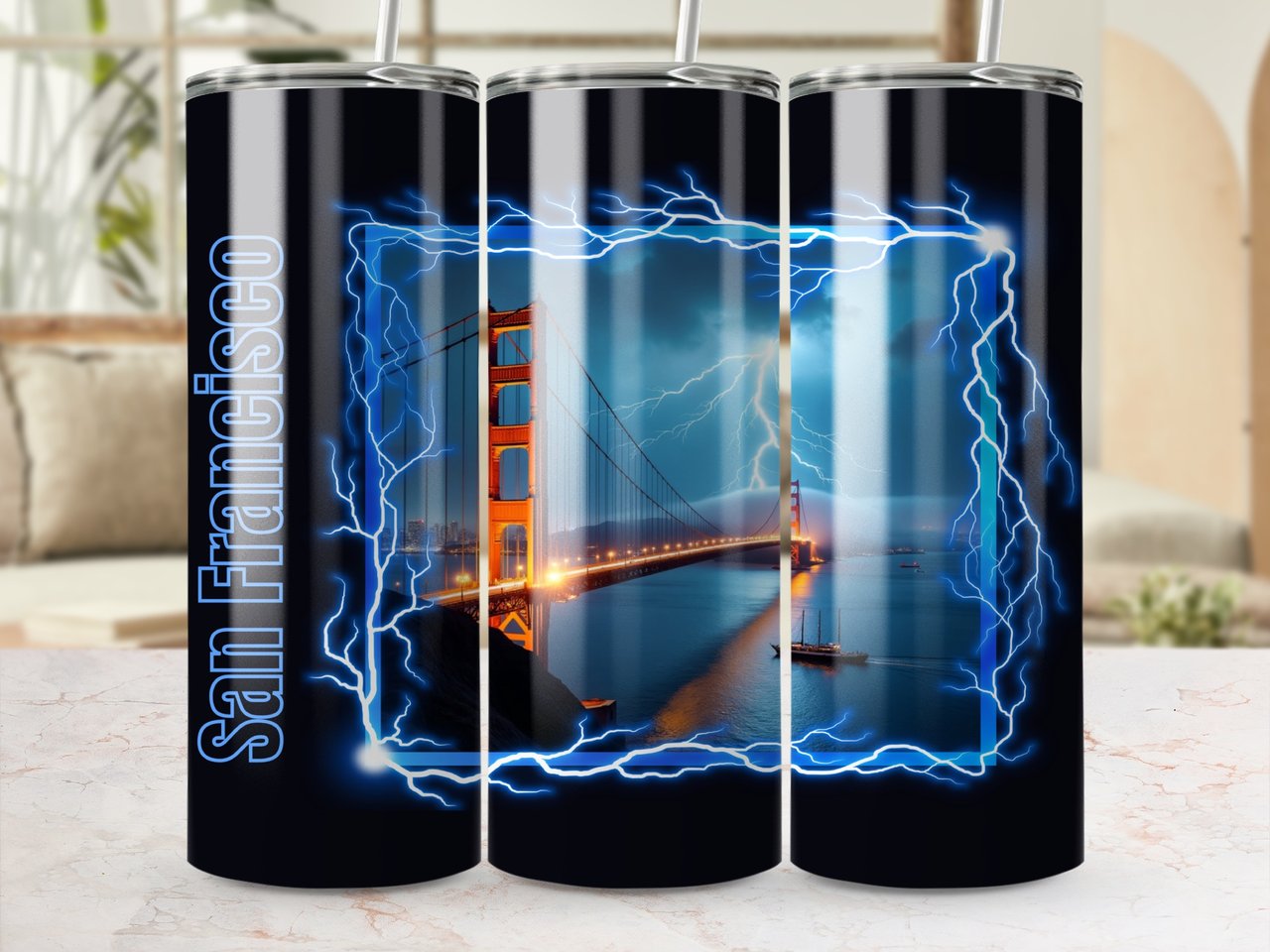 San Francisco 20oz Tumbler Wrap, Golden Gate Bridge, Lightning Storm Design, Full Wrap Seamless Tumbler, Unique Gift, San Francisco Souvenir