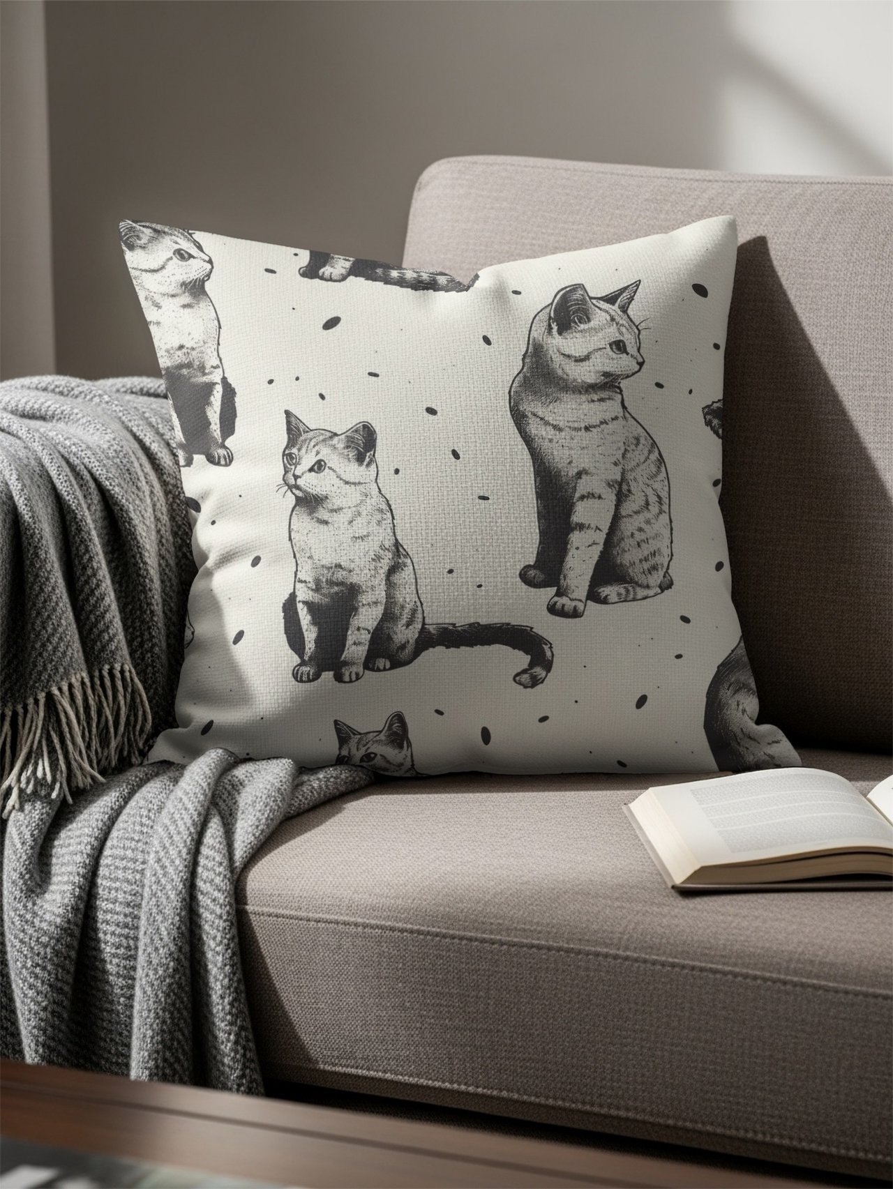 Vintage Cat Sketch Blanket, Woven Blanket  Cat Lover Gift, Cat Decor, 