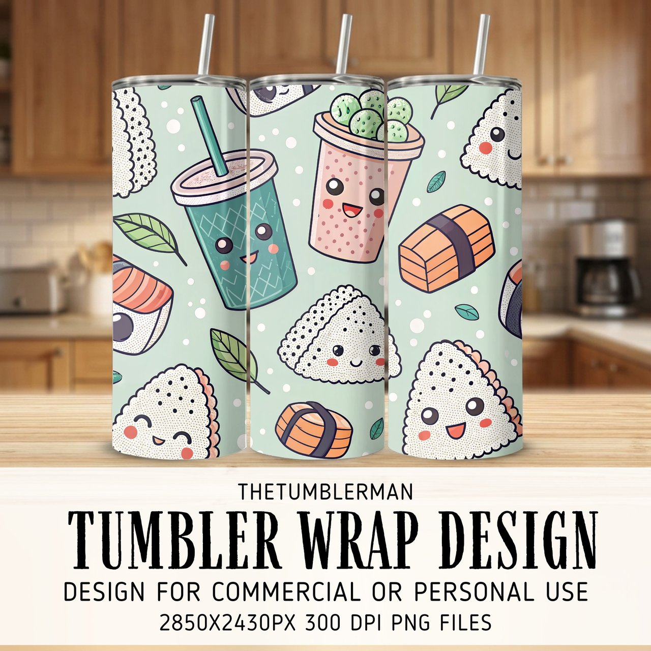 Kawaii Boba Sushi Pattern Digital Design Size Bundle Png