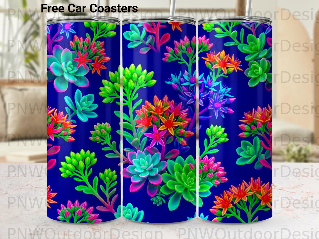 Vibrant Succulent Tumbler Wrap Digital PNG, Seamless Neon Botanical 20oz Skinny Sublimation Design File for Plant Lovers
