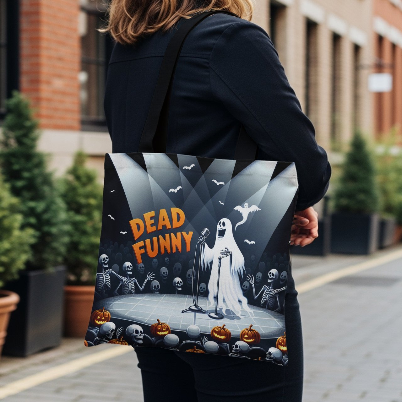 Halloween Tote Bag, Dead Funny Ghost Stand Up Comedy, Skeleton Audience, Pumpkin Seats, Bats, Spooky Season, Unique Halloween Tote Bag