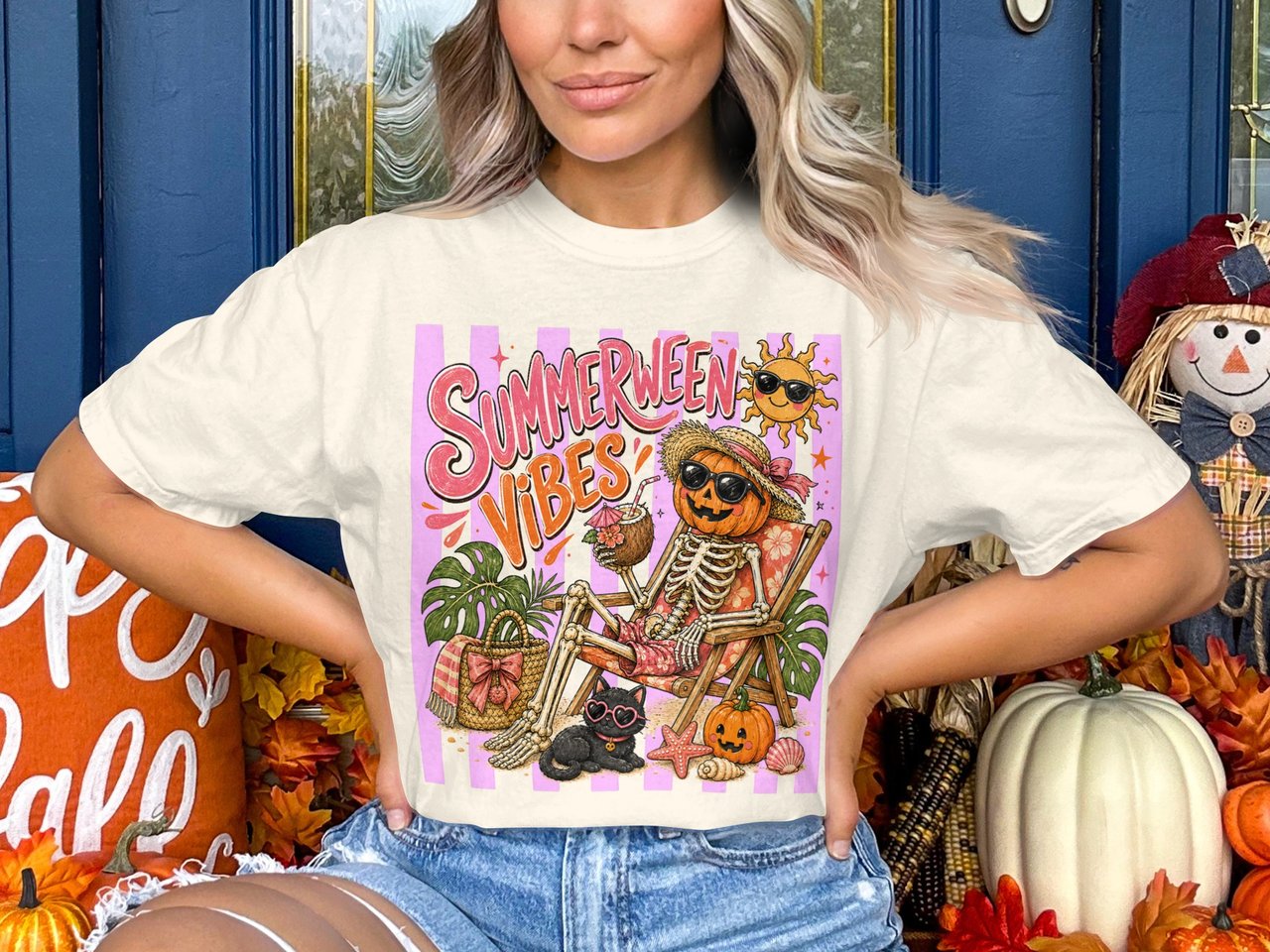 Summerween Vibes Shirt, Spooky Summer Pumpkin Skeleton Beach Cat Hoodie, Halloween Vacation Aesthetic Sweatshirt, Cute Beach Goth T-Shirt