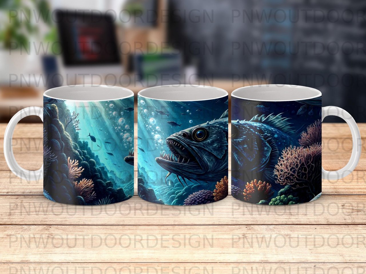 Deep Sea Fish Mug Sublimation Wrap Digital Design, Ocean Life Detailed Art 11oz 15oz Mug Wrap PNG, Coastal Nautical Deep Ocean Sea Animal