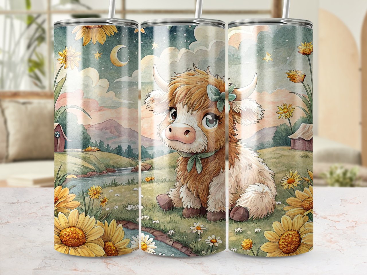 Cute Cow Tumbler Wrap, 20oz Seamless Tumbler, Watercolor Highland Cow, Floral Cow Tumbler, Farm Animal Tumbler, Cow Lover Gift