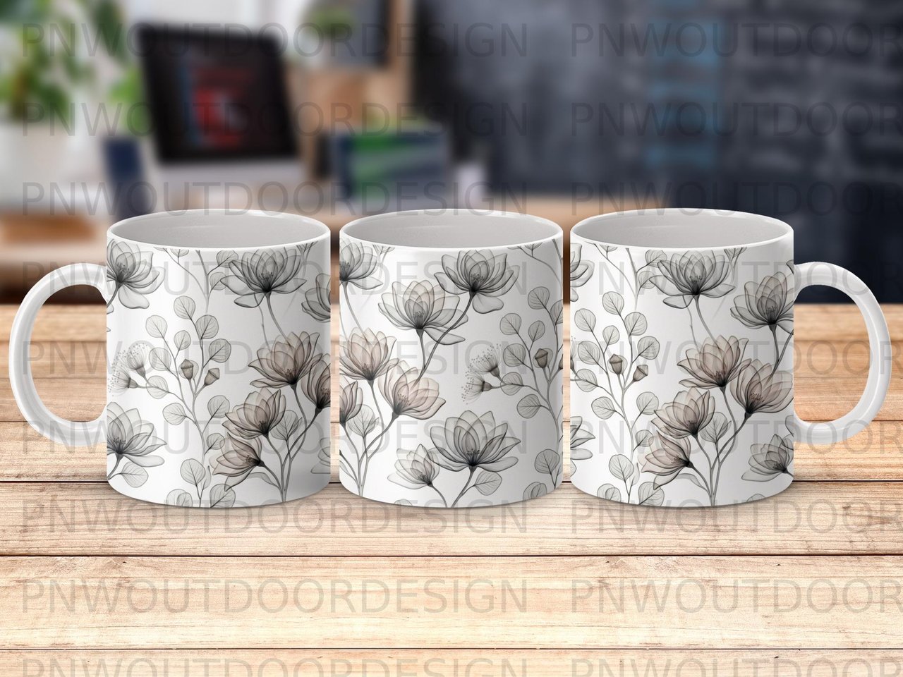 X-ray Flower Mug Sublimation Wrap, Ethereal Botanical Digital Design for 11oz 15oz Cup, Minimalist Ghosted Floral PNG, Instant Download