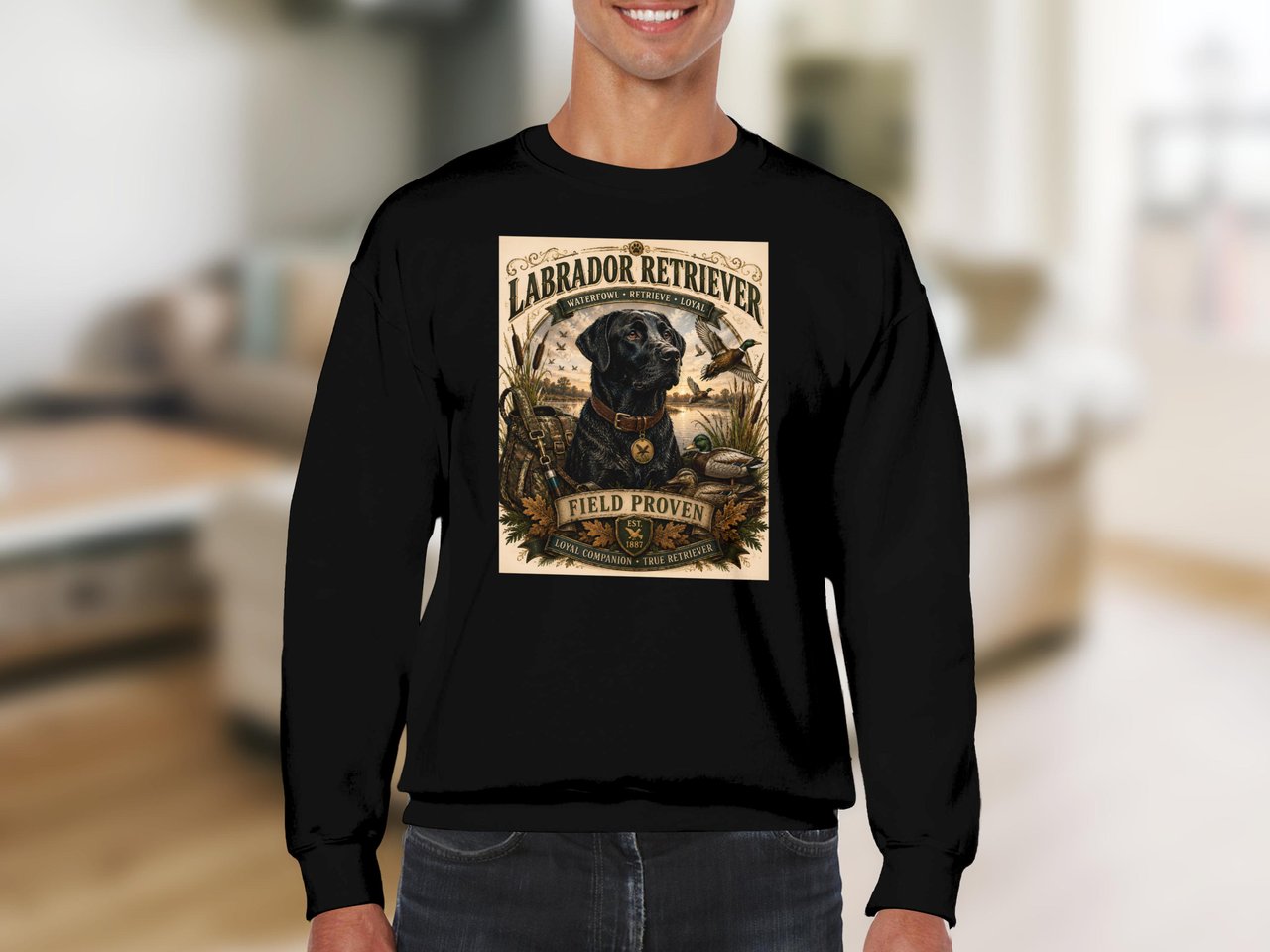 Vintage Black Lab Sweatshirt, Labrador Retriever Hunting Crewneck, Duck Hunter Graphic Pullover, Outdoorsy Dog Dad Gift