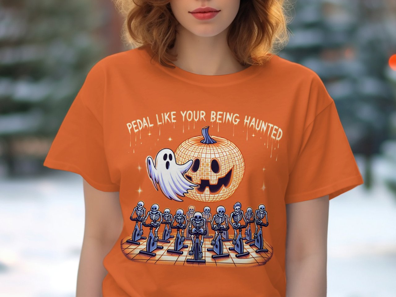 Pedal Like Youre Being Haunted TShirt, Funny Halloween Tee, Skeleton Spin Class Shirt, Pumpkin Disco Ball Ghost Graphic Tee