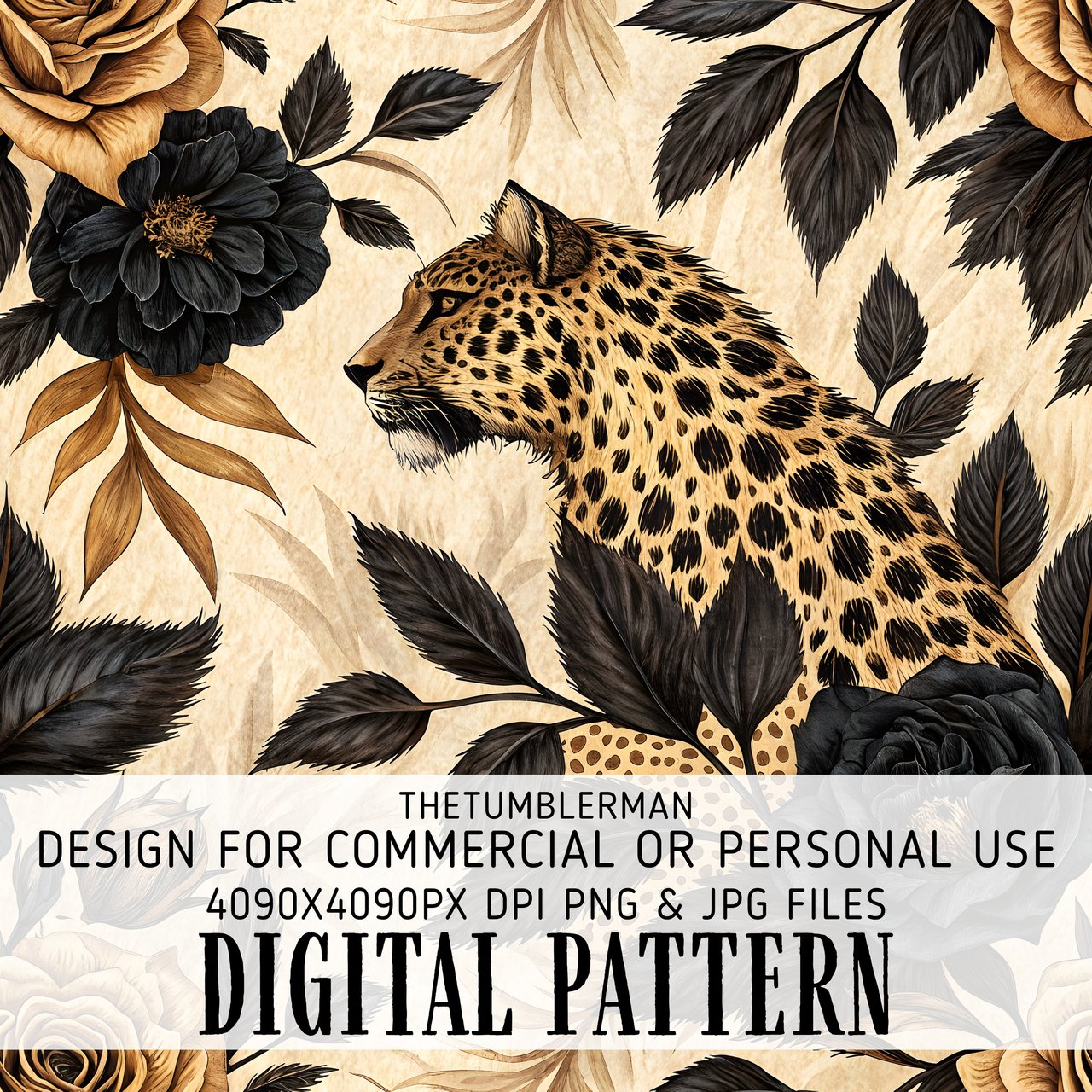 Digital Leopard Pattern, Floral Digital Paper, Animal Print, Digital Bundle, Seamless Pattern, Commercial Use, Printable Pattern, PNG JPG