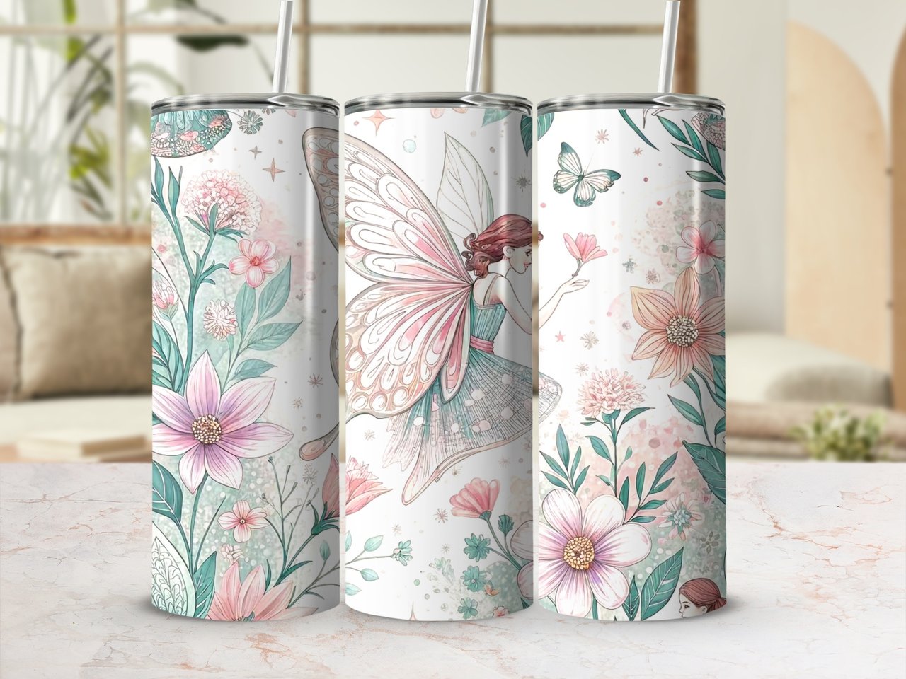 Floral Fairy 20oz Seamless Tumbler Wrap Digital, Watercolor Flowers, Fantasy Girl, Elegant Tumbler Design, Sublimation, Instant Download