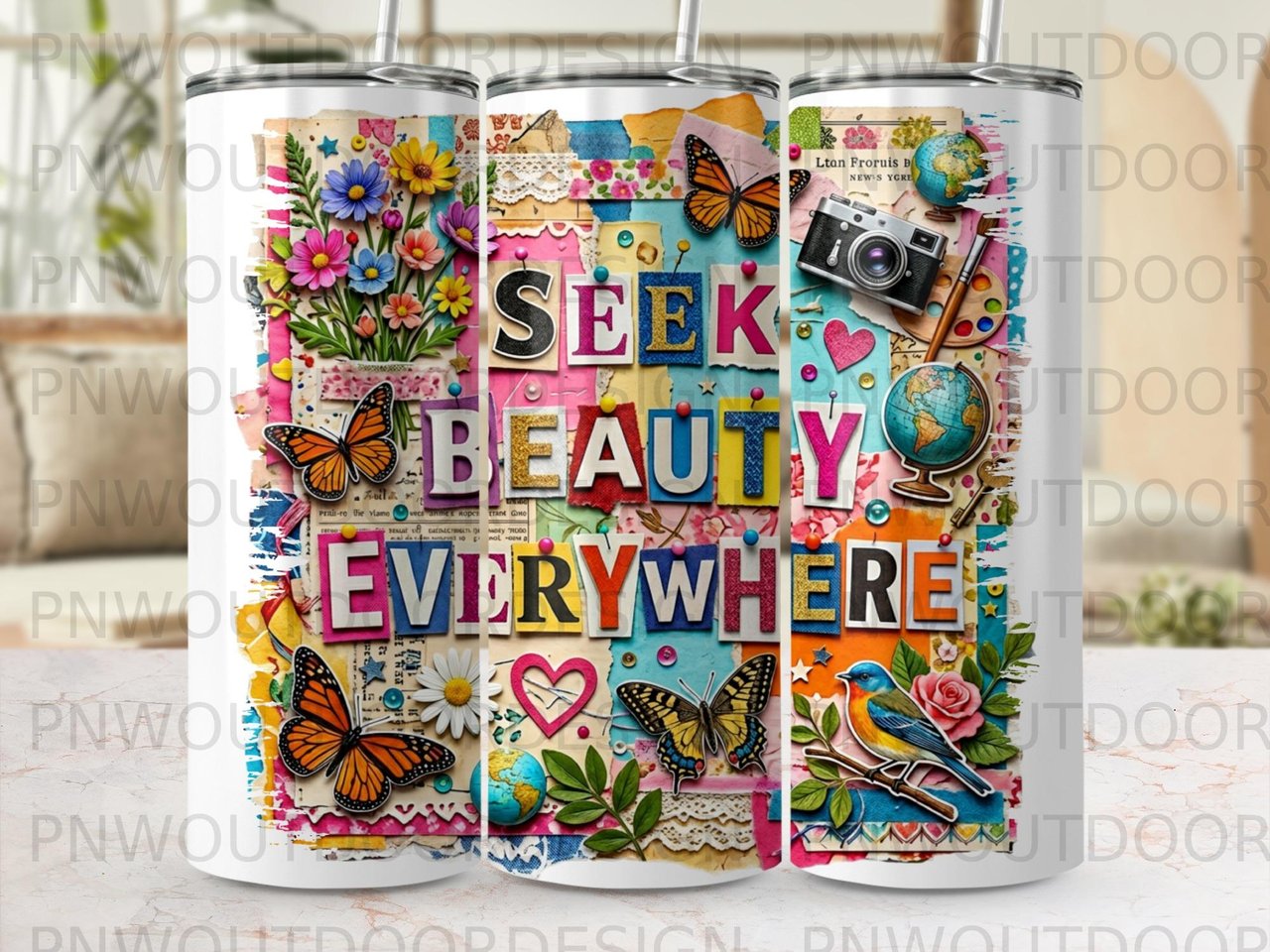 Scrapbook Collage Tumbler Wrap Digital Design, Seek Beauty Everywhere PNG for 20oz Skinny Tumbler, Mixed Media Sublimation Art Download