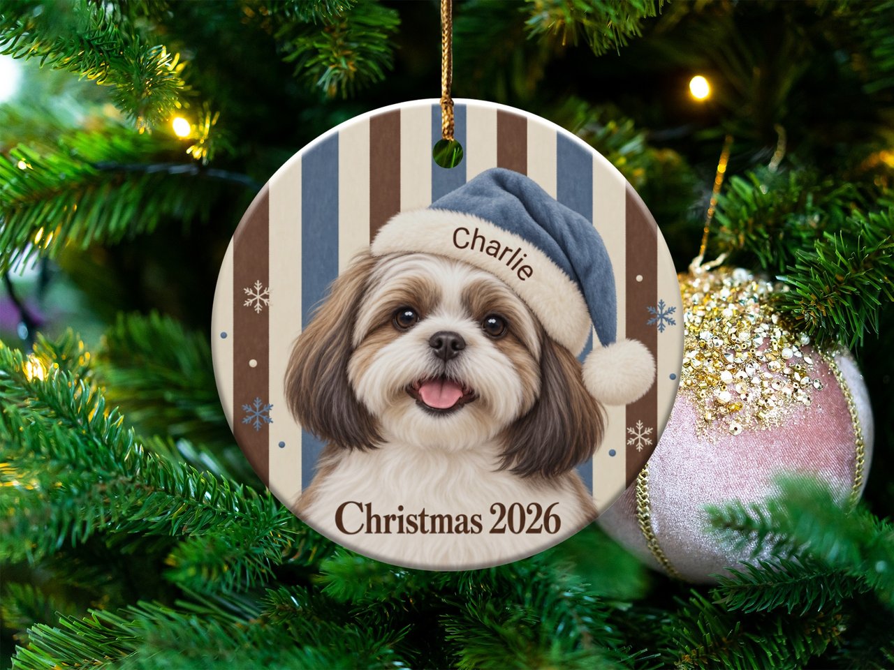 Shih Tzu Christmas Ornament 2026, Cute Dog Lover Holiday Keepsake, Blue Santa Hat Puppy Tree Decor, Vintage Dog Mom Gift