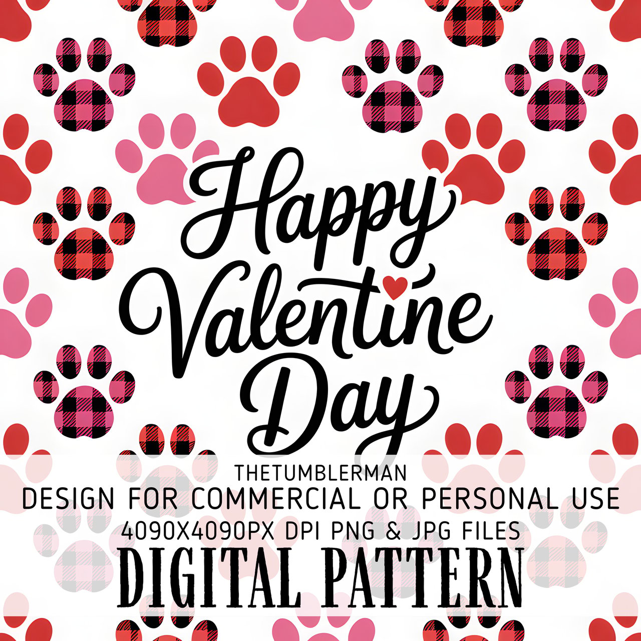 Happy Valentines Day Dog Paw Prints Digital Pattern, Digital Bundle, Valentine Puppy, Plaid Hearts, Pet Paw Prints, Valentines Day Gift
