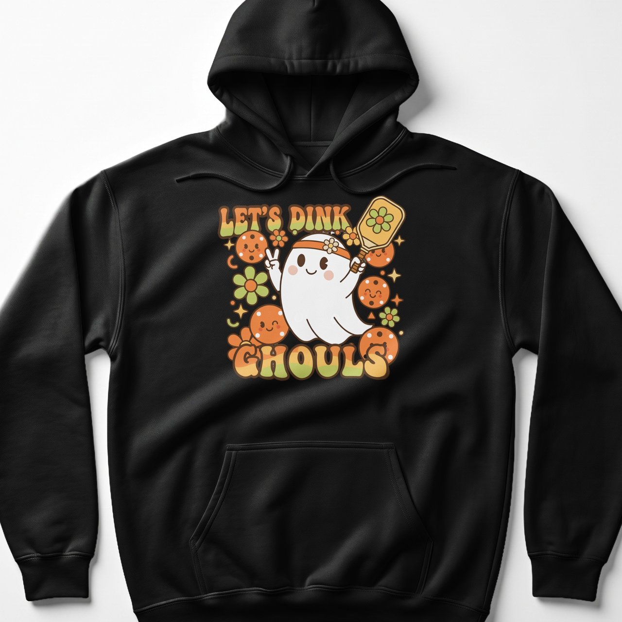 Pickleball Gildan Fleece Hoodie, Let's Dink Ghouls, Retro Halloween Ghost Court Pullover Sweatshirt
