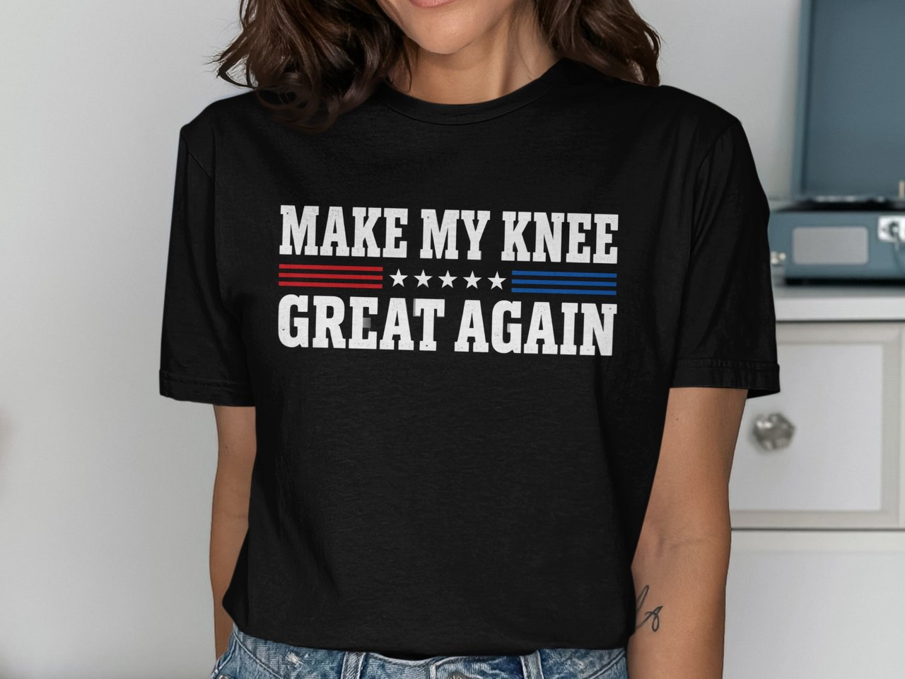 Make My Knee Great Again Surgery Recovery Standard T-Shirts With Red Blue Patriotic Stripes