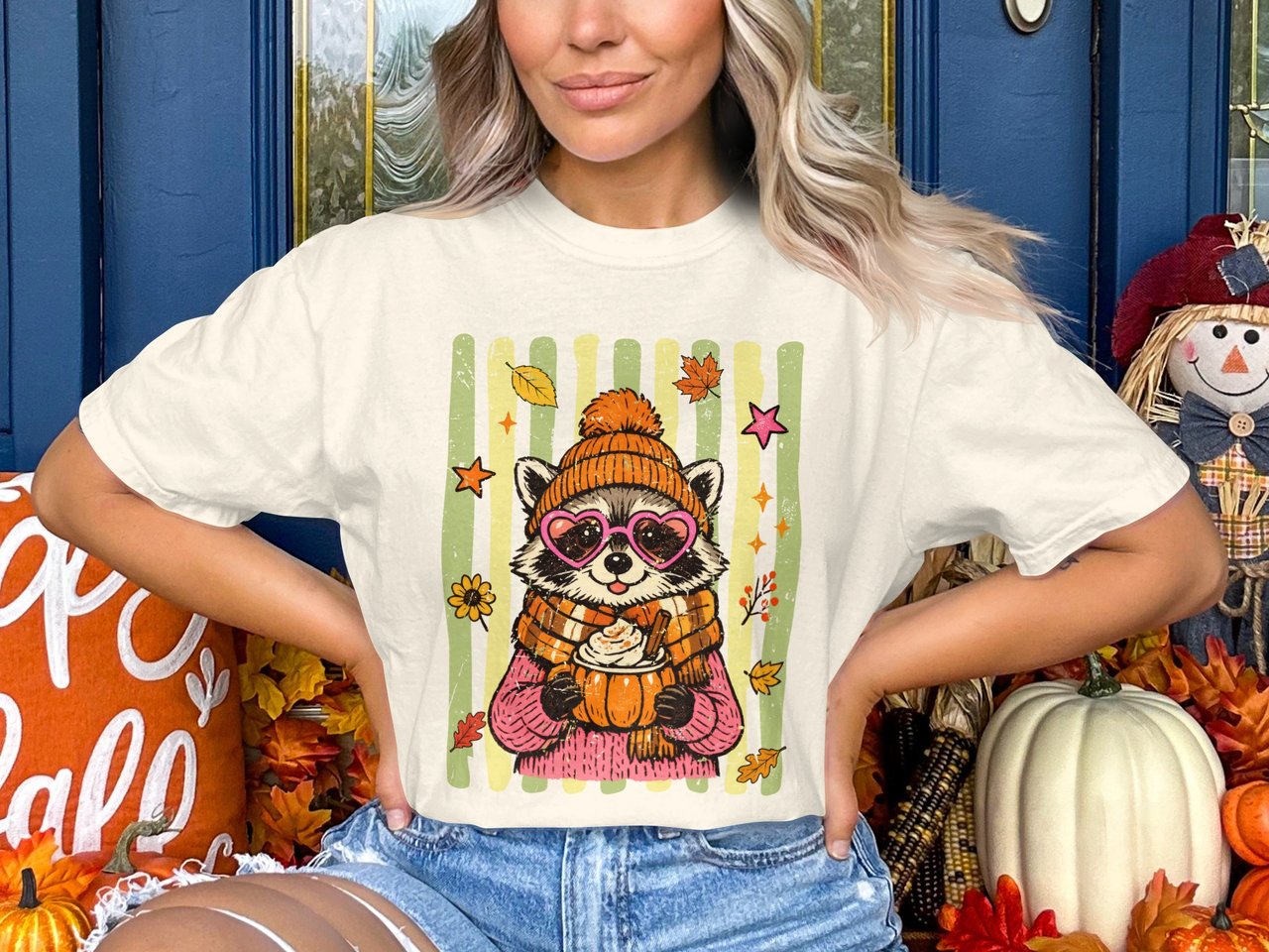 Cute Raccoon Fall Sweatshirt, Pumpkin Spice Latte Hoodie, Cozy Autumn Animal Tee, Heart Glasses Lover Apparel Gift