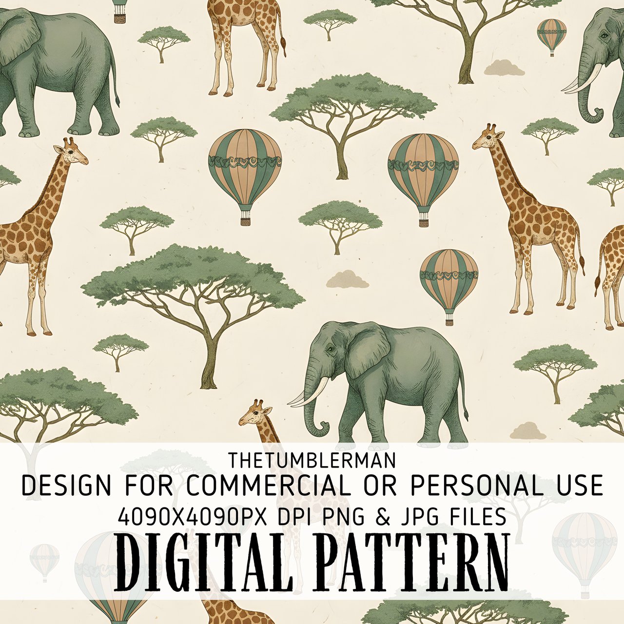 Elephant Giraffe Digital Pattern, Safari Animal Hot Air Balloon, Digital Bundle Pattern, Commercial Use, Nursery Decor, Fabric Design