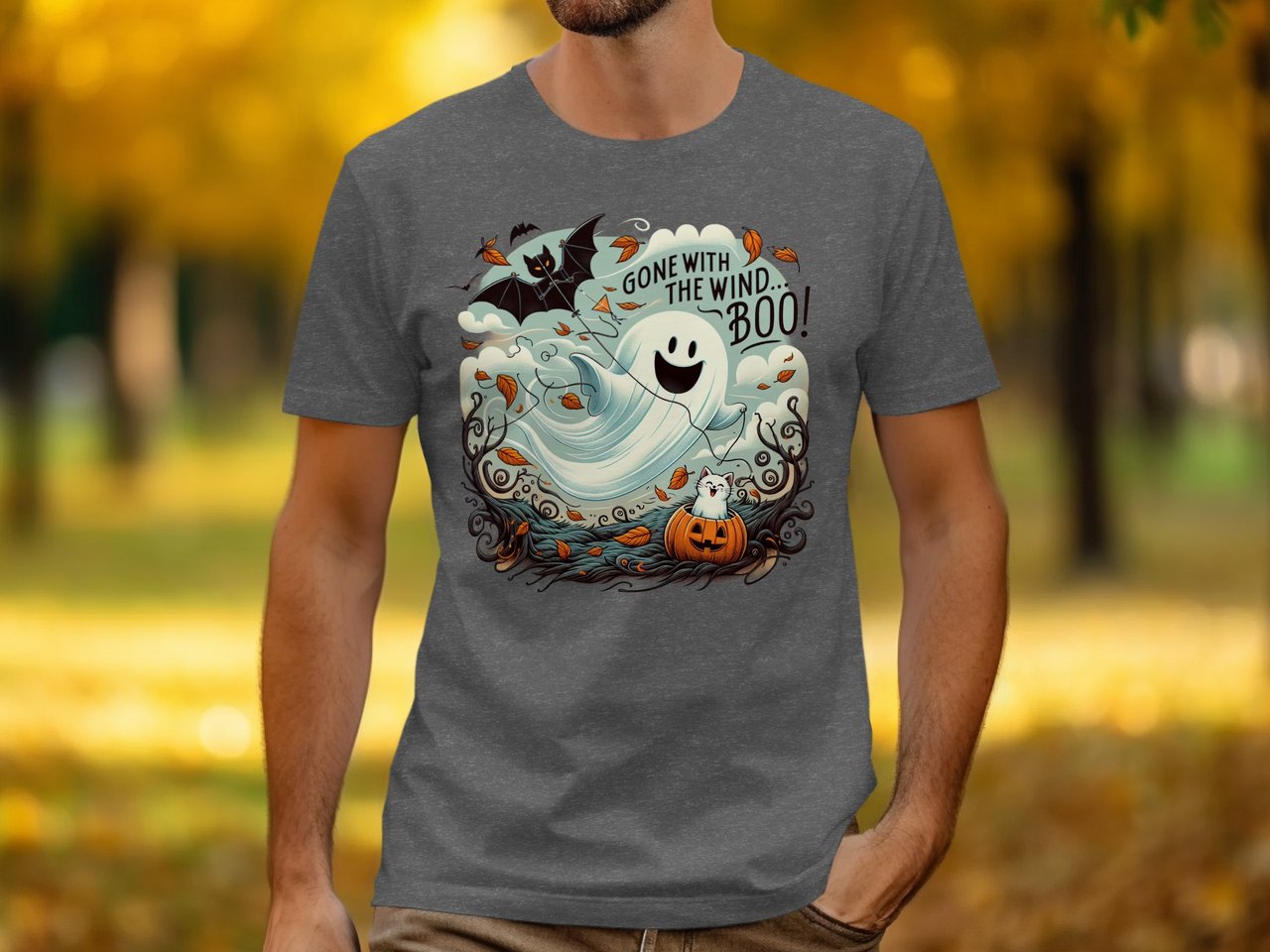 Halloween Ghost Cat Pumpkin T-Shirt, Gone with the Wind Boo Tee, Spooky Season Shirt, Autumn Fall Tee, Bat Kite Halloween Tshirt