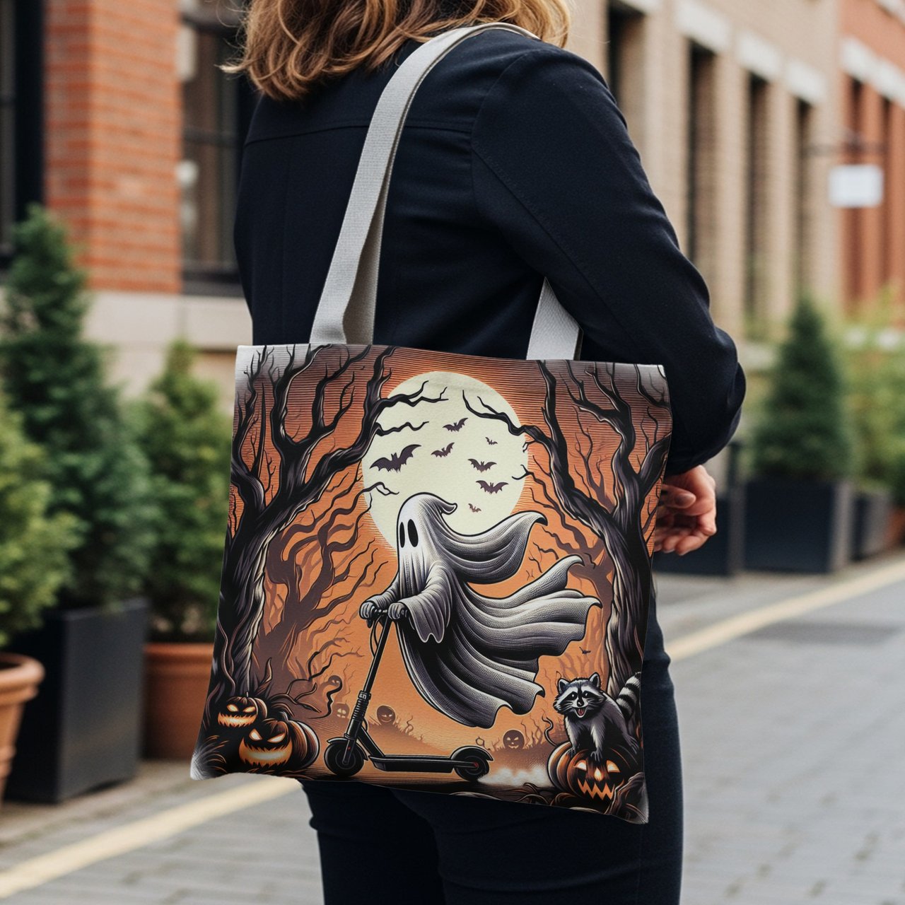 Halloween Tote Bag, Ghost on Scooter, Halloween Night Design, Spooky Season Tote, Funny Halloween, Raccoon, Jack O Lanterns, Bats, Tote Bag