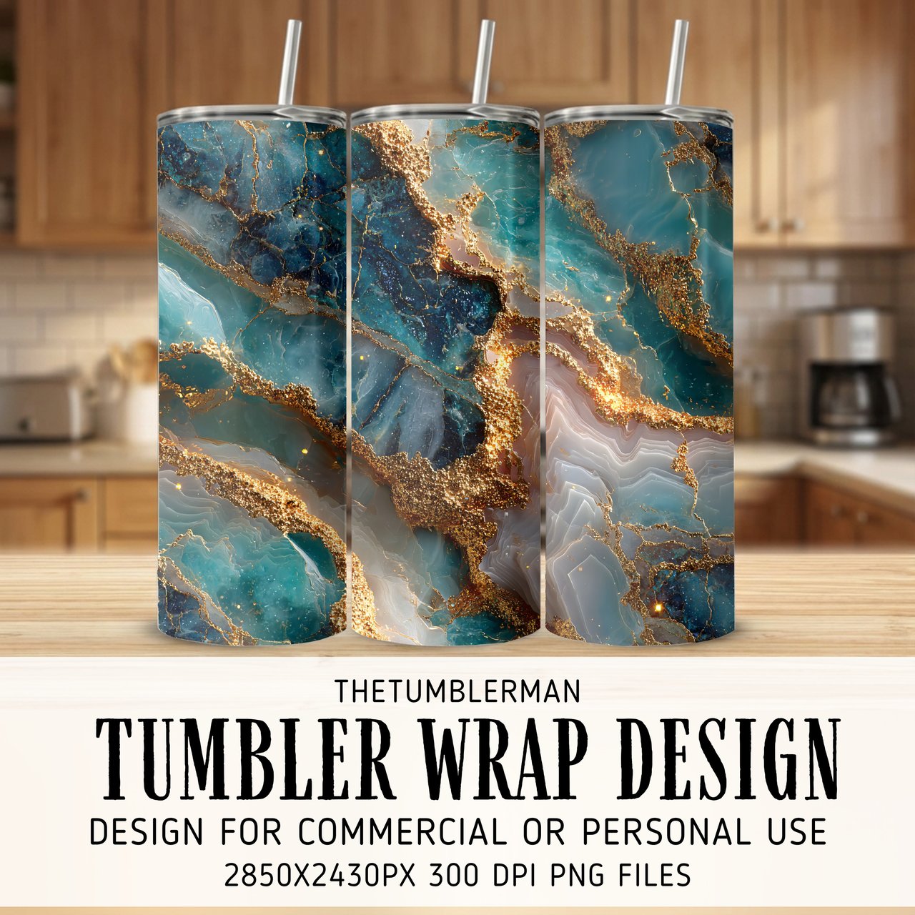 20 oz Tumbler Wrap, Marble Texture Sublimation Design, Teal and Gold, Digital Download, Skinny Tumbler, Straight Tapered Template, Tumblers