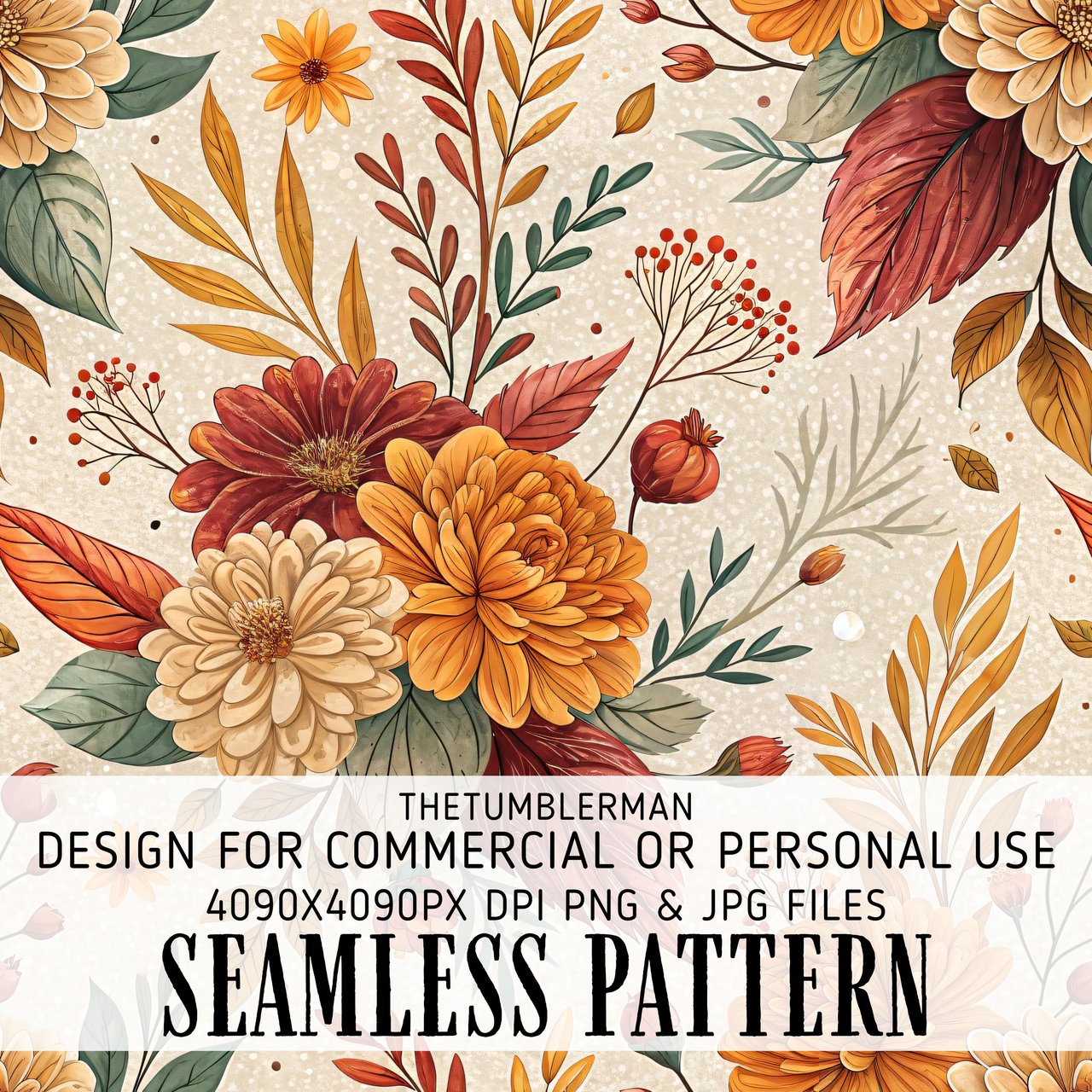 Autumn Flowers Tumbler Design, Digital Paper Pack, Floral Background, Watercolor, Fall Scrapbook Paper, Junk Journal, Seamless Pattern