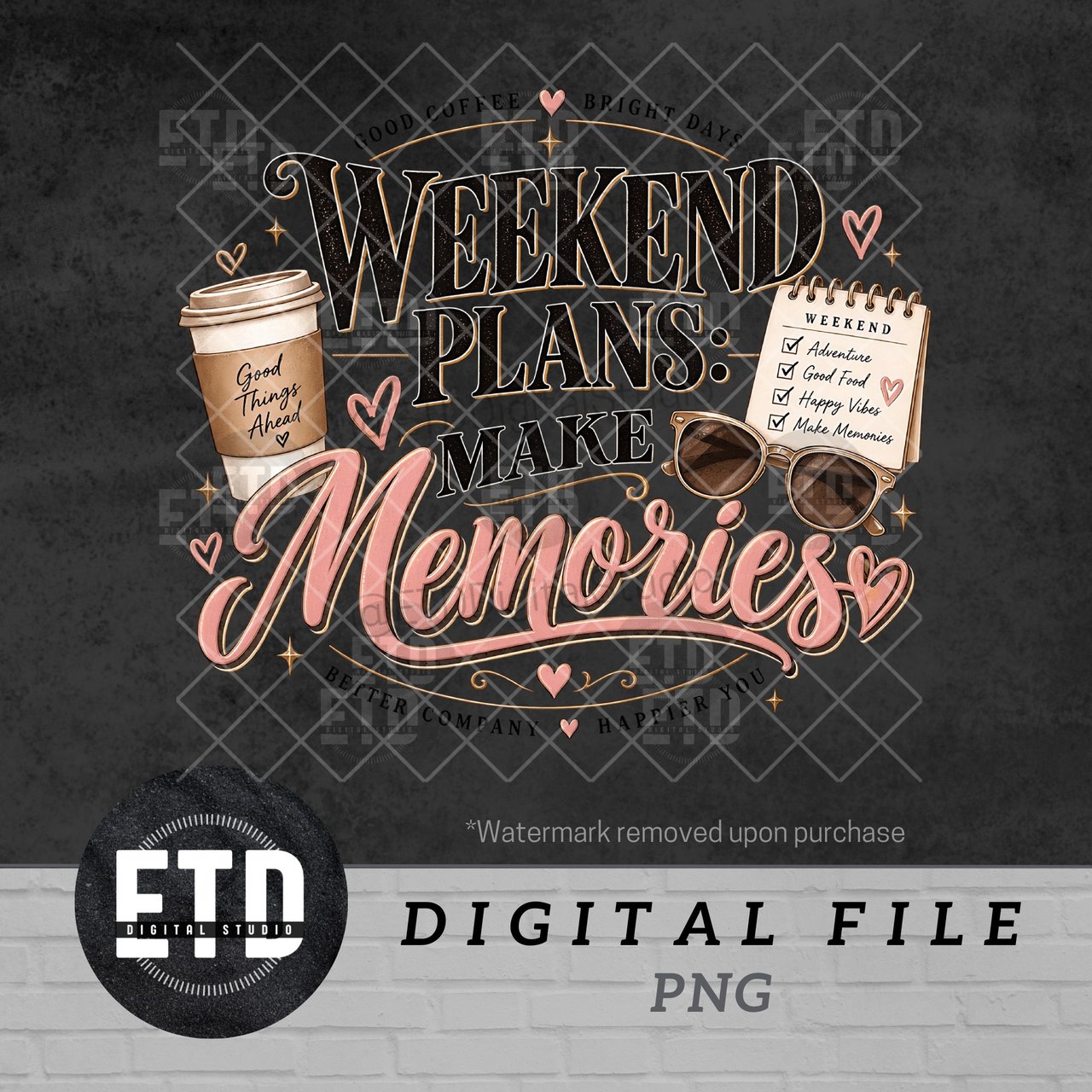Weekend Plans Make Memories PNG, Coffee Lover Retro Weekend Vibes Clipart, Inspiring Quote Summer Travel Graphic