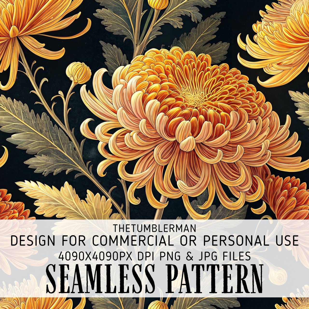 Golden Chrysanthemum Tumbler Design, Watercolor Flowers PNG, Digital Paper Pack, Floral Backgrounds, Junk Journal Pages, Printable Art