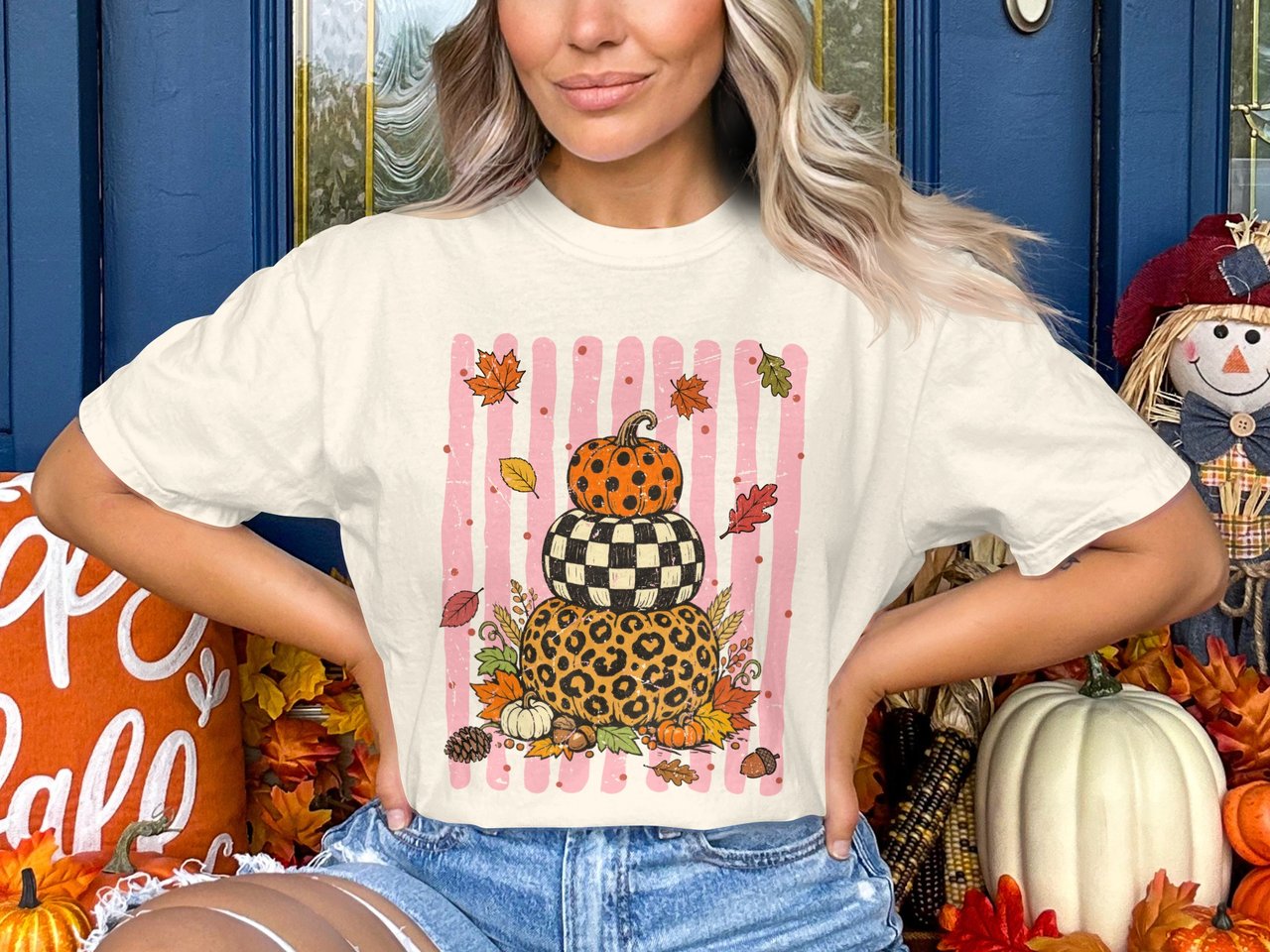 Trendy Fall Pumpkin Stack Sweatshirt, Distressed Leopard Print Checkerboard Hoodie, Cute Autumn T-Shirt Gift