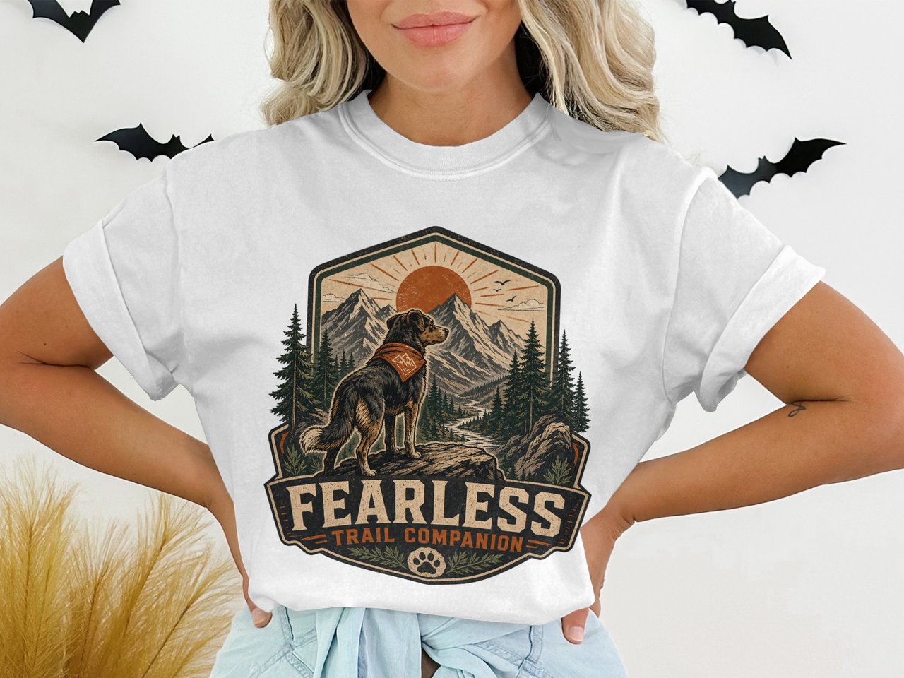 Fearless Trail Companion Dog T-Shirt, Vintage Mountain Hiking Tee, Outdoors Adventure Pet Lover Gift, Rustic Nature Explore Shirt