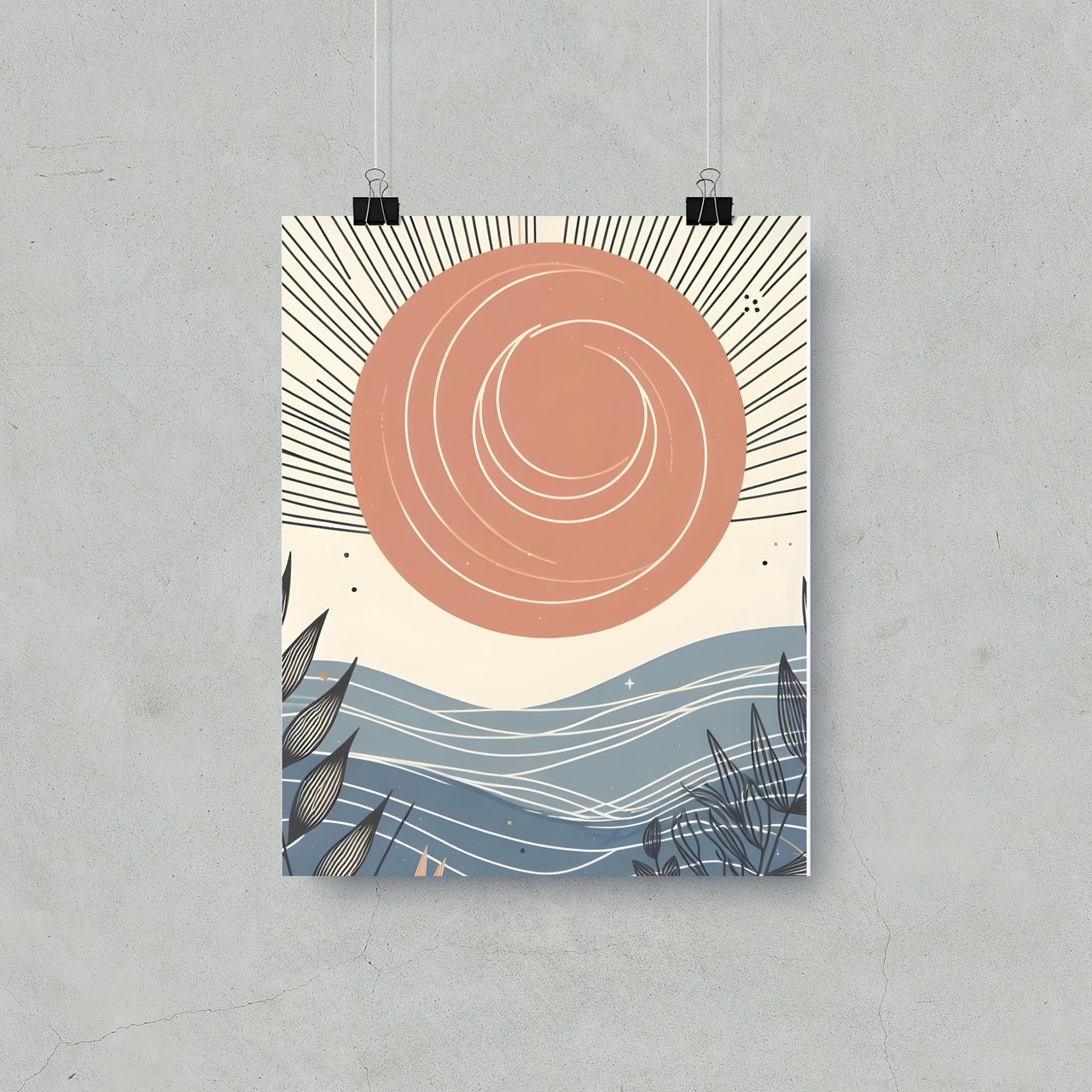 Abstract Sun Posters, Ocean Waves Posters, Botanical Art Posters, Modern Art Posters, Living Room Posters, Boho Style Art Posters