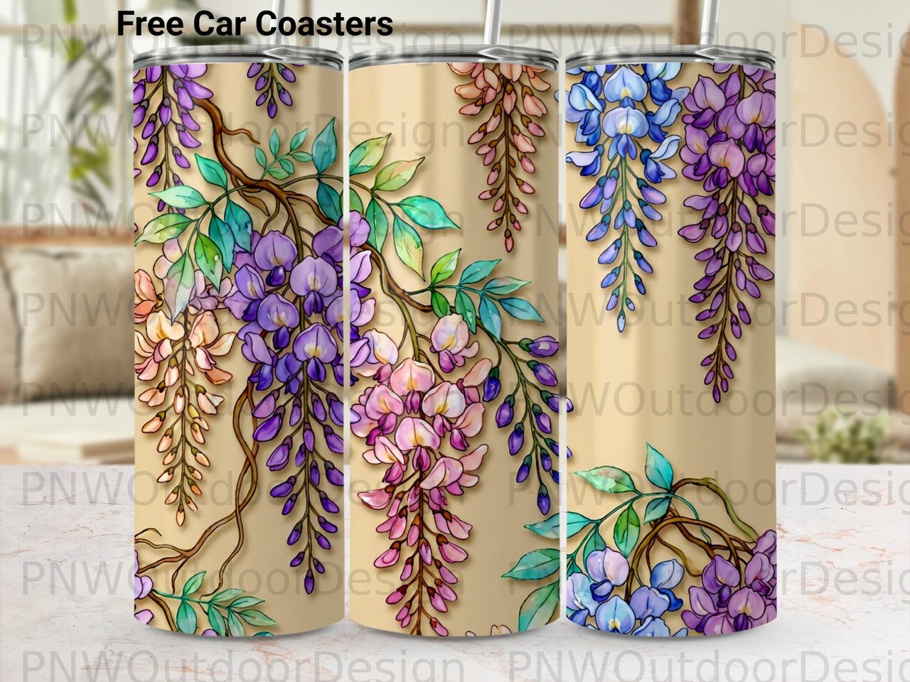 Wisteria Tumbler Wrap Sublimation Digital PNG | 20oz Seamless Tapered Design + Car Coasters | Floral Watercolor Tumbler Download