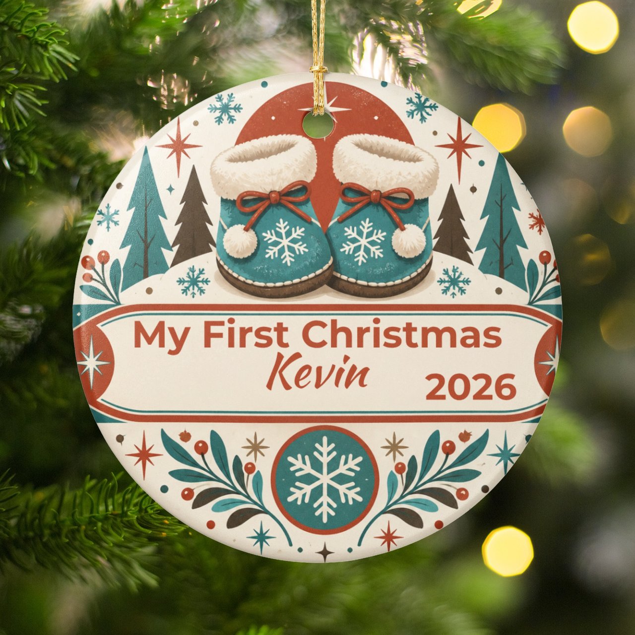 Baby First Christmas Ornament Personalized, Custom Name Year Winter Booties Keepsake, Retro Holiday Tree Decor Gift for New Mom Dad