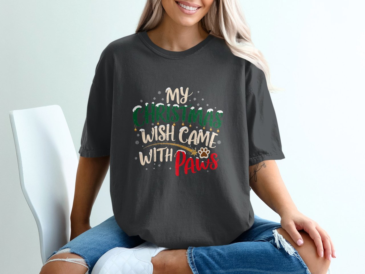 My Christmas Wish Came With Paws T-Shirt | Dog Mom Christmas Tee | Pet Lover Holiday Shirt | Festive Paws Gift for Her
