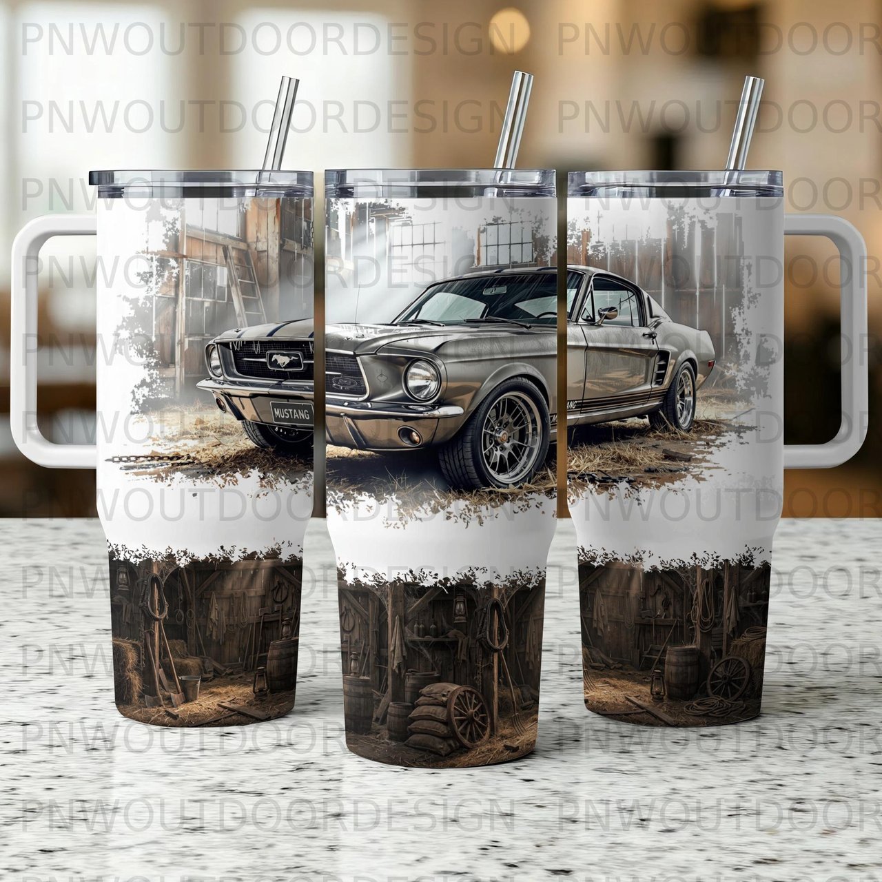 40oz Tumbler Sublimation Seamless Wrap Distressed Vintage Mustang Car Garage Digital PNG Design | Tapered Tumbler Wrap for Men