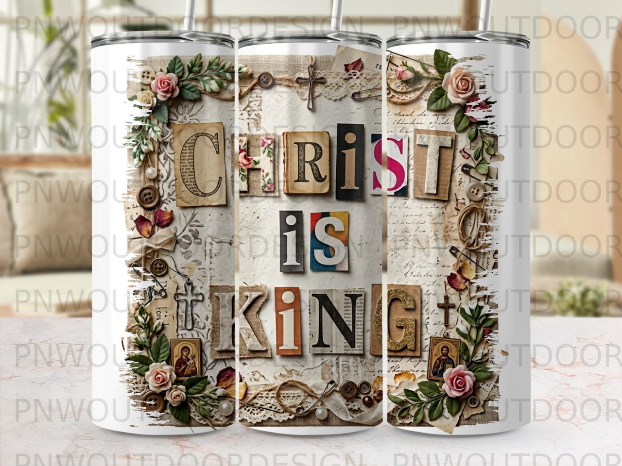 Christ is King Tumbler Wrap PNG, Christian Sublimation Design, Faith Collage 20oz Skinny Straight & Tapered Digital Download