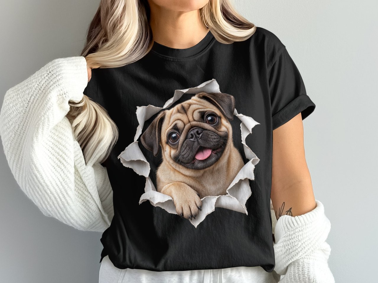 Pug Dog Breed Peeking Through Torn Paper Graphic Print Standard T-Shirts Pet Apparel