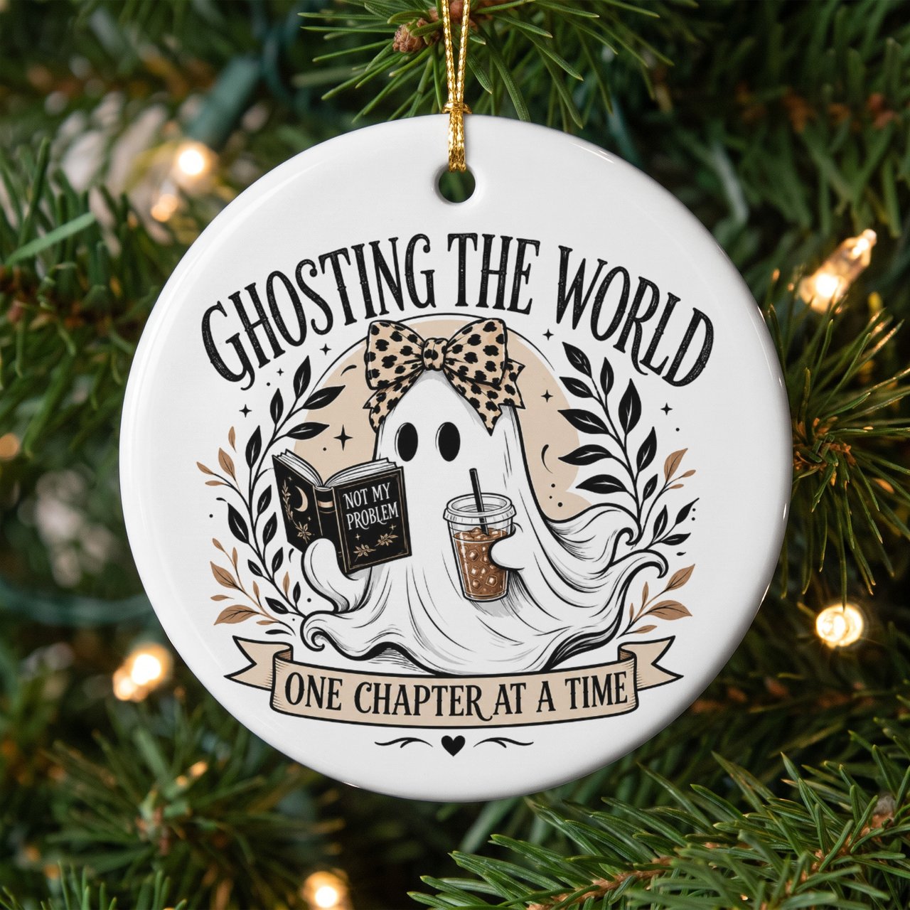 Ghost Book Lover Ornament, Cute Spooky Reader Christmas Decor, Introvert Bookish Gift, Iced Coffee Reading Lover Tree Ornament