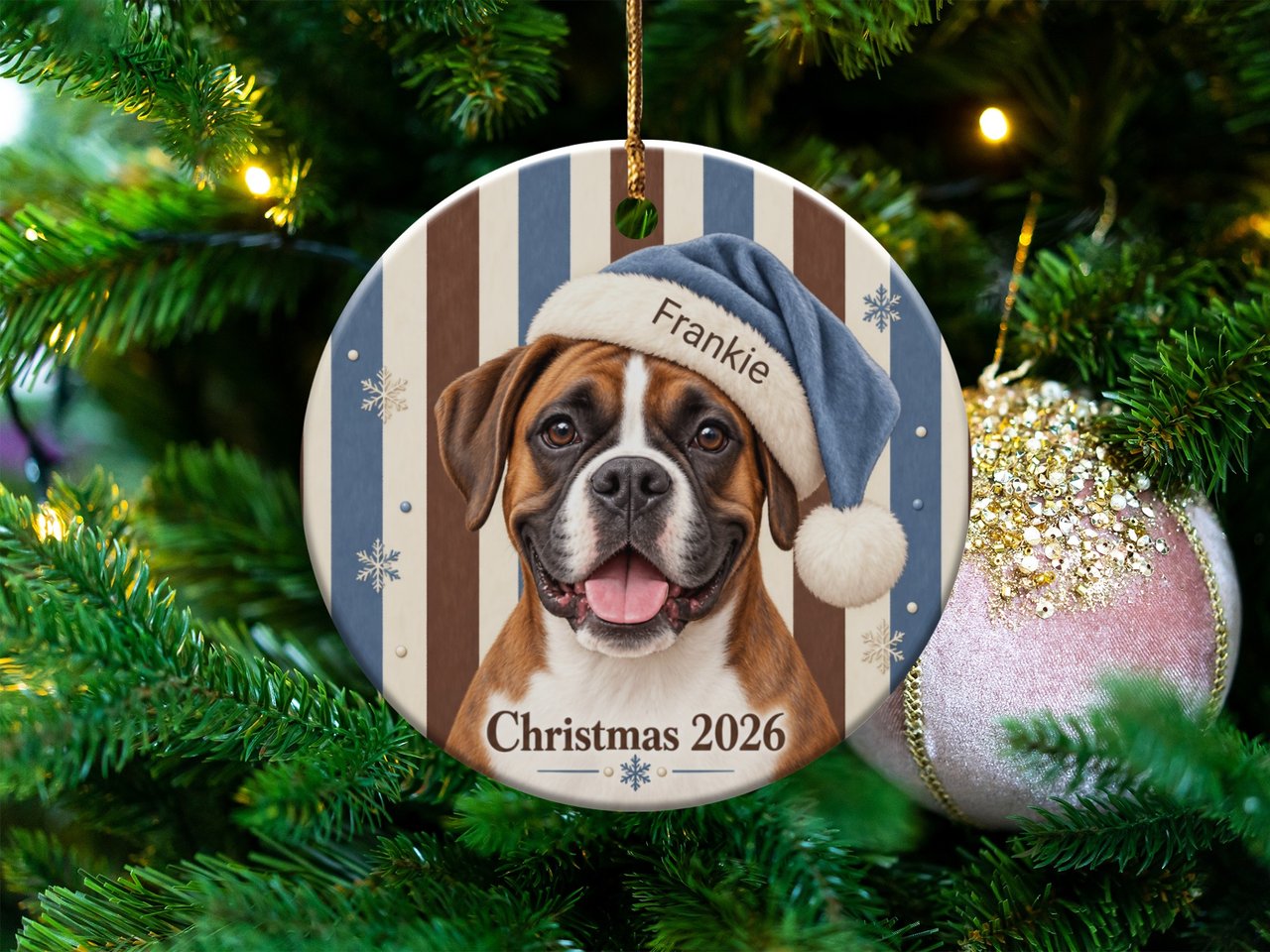 Boxer Dog Christmas Ornament 2026, Cute Boxer Mom Holiday Gift, Blue Santa Hat Dog Tree Decor, Vintage Striped Pet Keepsake Ornament