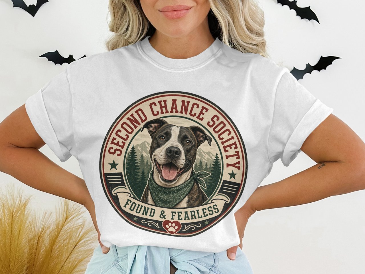 Second Chance Society Pitbull T-Shirt, Found & Fearless Rescue Dog Tee, Mountain Pine Forest Dog Lover Gift