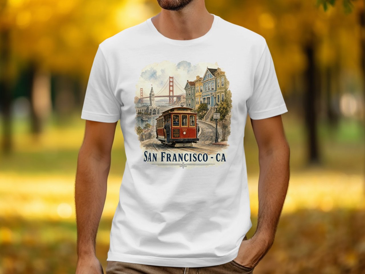San Francisco Cable Car T-Shirt, Vintage SF Travel Tee, Golden Gate Bridge Watercolor Cityscape Souvenir California Gift