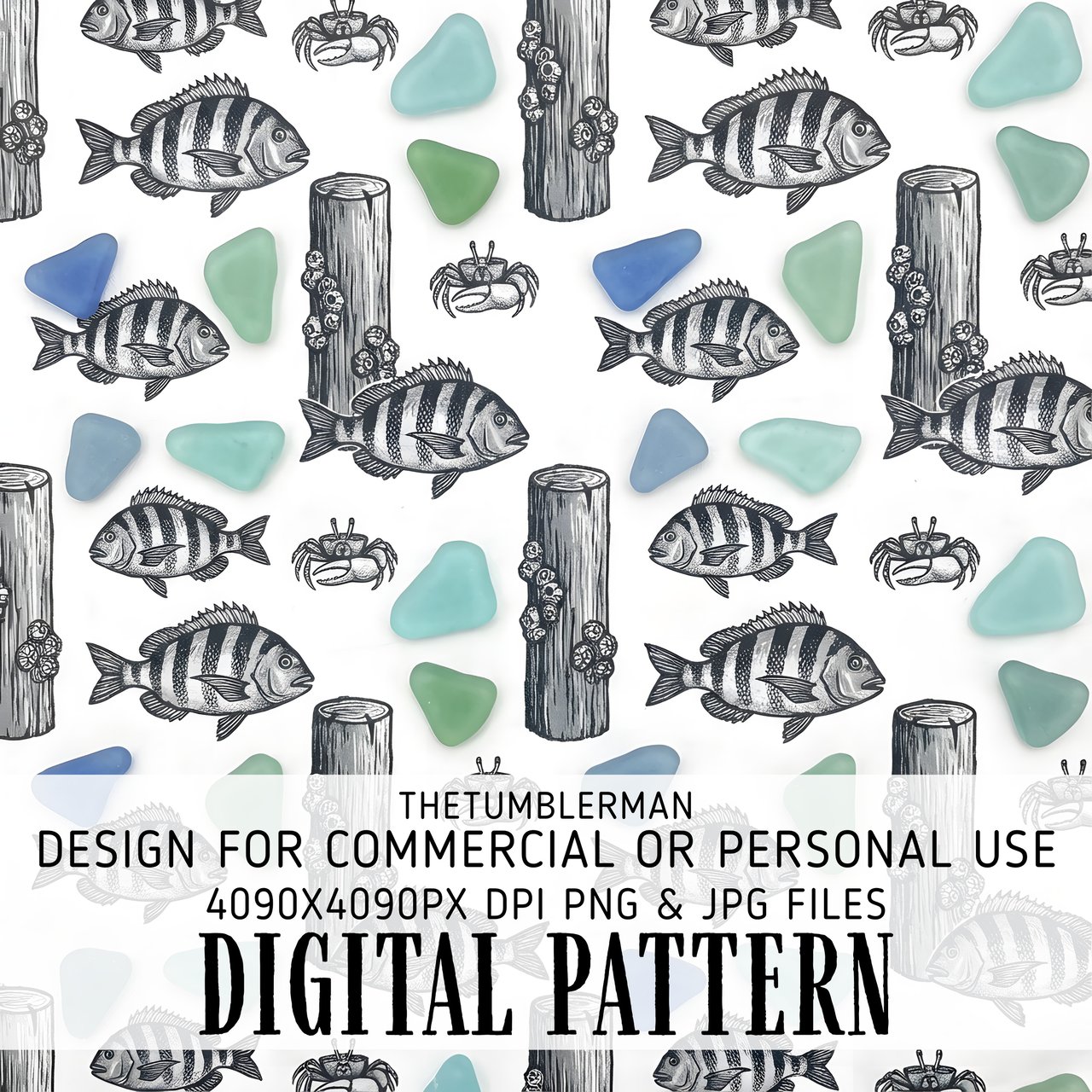 Digital Pattern, Fish Crab Sea Glass Wood, Marine Life Print, Digital Bundle, Seamless Pattern, Fabric Design, Sublimation Design