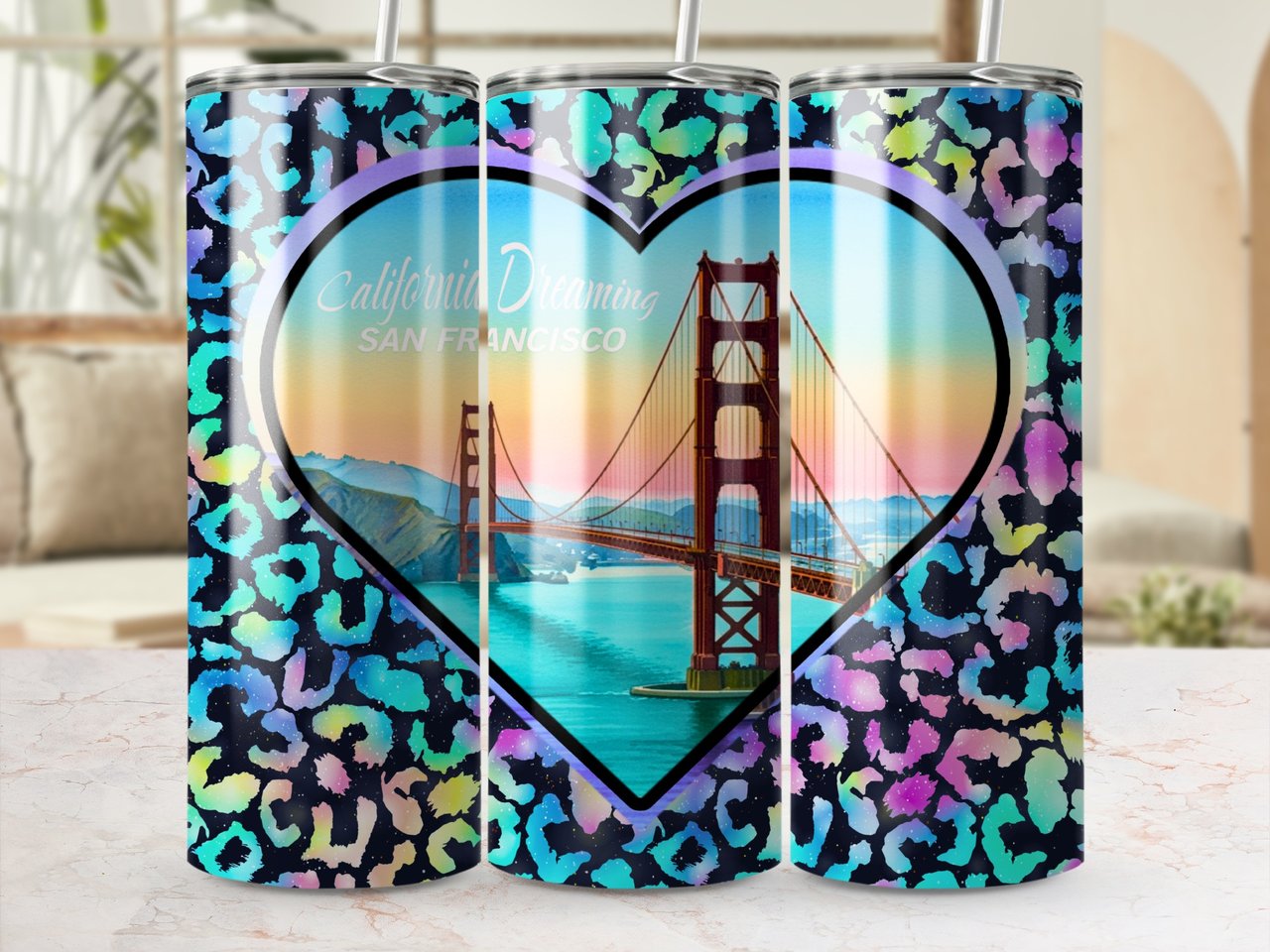 20oz Tumbler Wrap: San Francisco, Heart, Leopard Print, Full Wrap, Digital Download