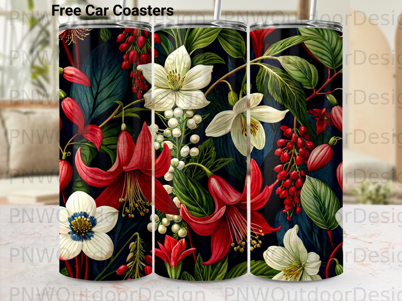 Dark Botanical Tumbler Wrap PNG | Moody Floral 20oz Skinny Sublimation Design Digital Download Seamless File + Car Coasters