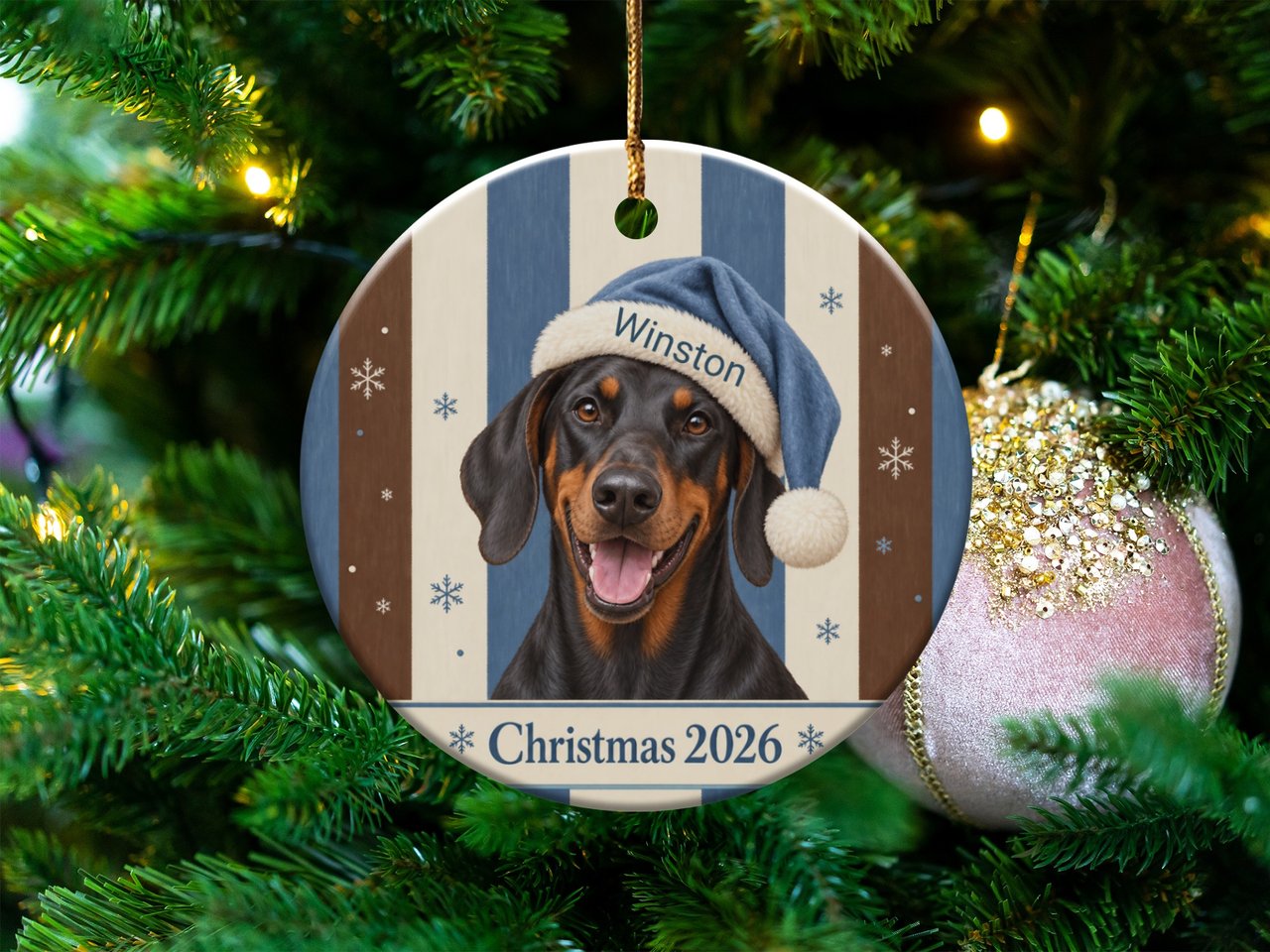 Doberman Christmas Ornament 2026, Cute Dog Holiday Keepsake, Blue Santa Hat Pet Lover Gift, Rustic Tree Decor, Black and Tan Dog Mom Gift