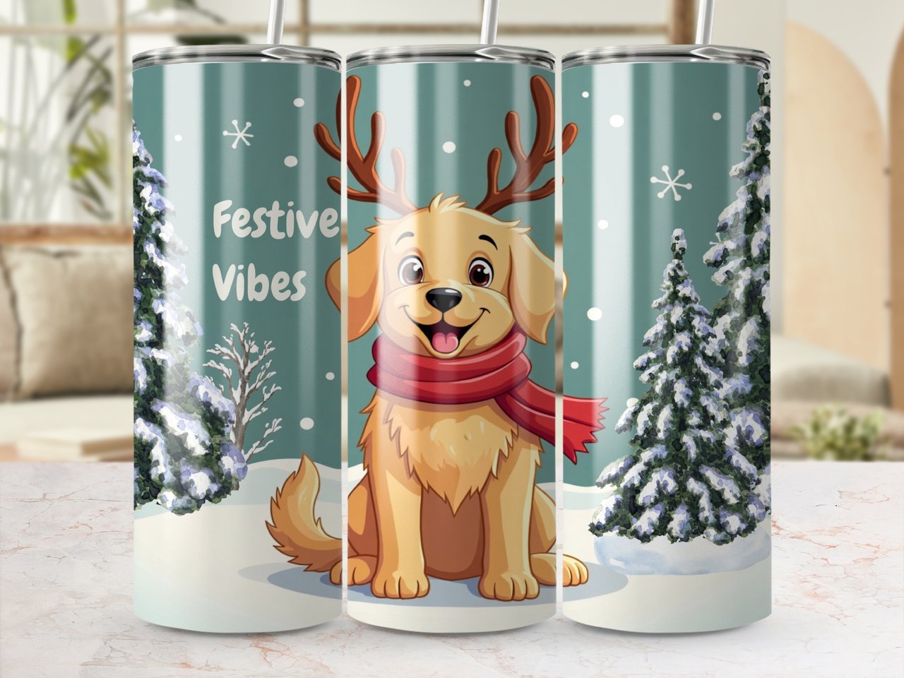 Festive Dog 20oz Tumbler Wrap, Christmas Dog Antlers, Winter Scarf Cute Puppy, Seamless Sublimation Design, PNG Digital Download