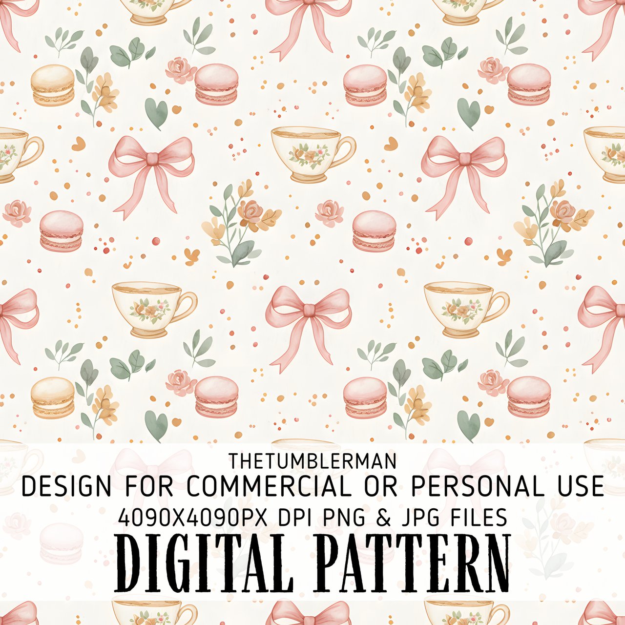 Digital Pattern Bundle, Tea Cup, Macarons, Bows, Floral Digital Paper, Seamless Pattern, Fabric Design, Scrapbooking Paper, Digital Download