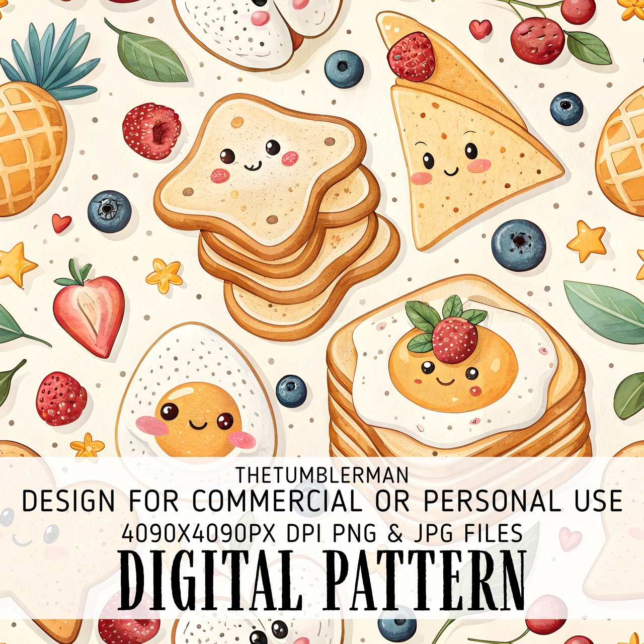 Kawaii Food Digital Pattern, Cute Toast Digital Bundle, Breakfast Seamless Pattern, Kawaii Fruit Pattern, Food Clipart, Digital Download